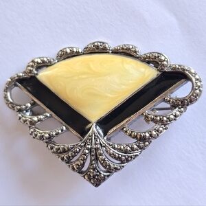 Vintage Avon brooch pin yellow black silver tone Sands of Time Art Deco
